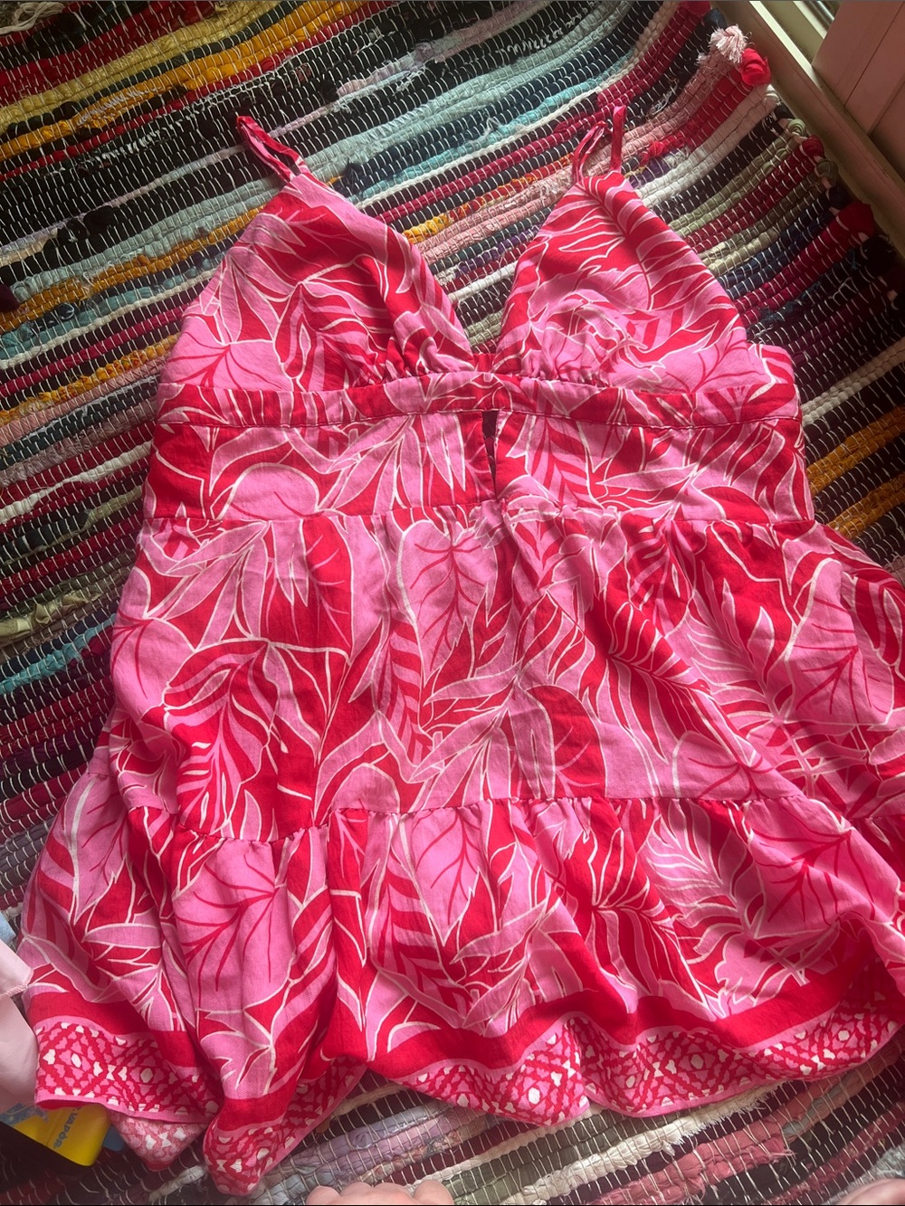 SHEIN Pink & Hot Pink Leaf-Print Tiered Backless Camisole Dress